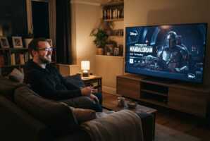 Un homme regarde une série sur la plateforme Disney+ à la télévision.