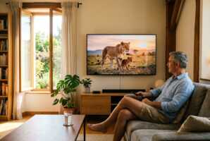 Un homme regarde un documentaire sur un téléviseur dans un salon en été.