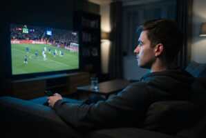 Jeune homme assis sur un canapé regardant un match de football à la télévision dans un salon sombre.