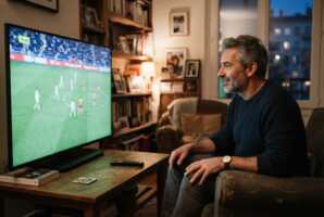 Un homme assis sur un canapé regarde un match de football de Ligue 1 sur un téléviseur.