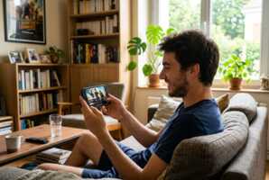 Jeune homme brun regardant un film sur son smartphone dans un salon.