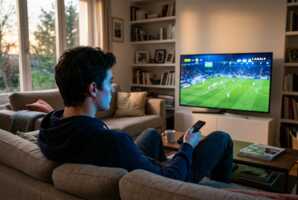 Jeune homme assis sur un canapé regardant un match de sport à la télévision dans un salon.
