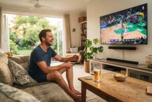 Un homme regarde un match de basket à la télévision pendant l'été.