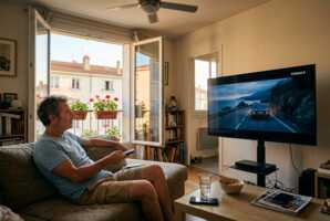 Un homme regarde un film sur Canal+ à la télévision pendant l'été.