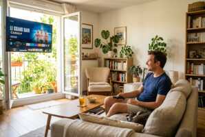 Un homme regarde un film sur une télévision Amazon Fire TV dans un salon éclairé par la lumière du jour.