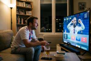 Un homme regarde un match de football sur un téléviseur via l'application DAZN.