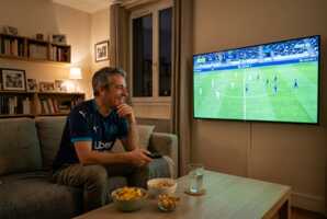 Un homme assis sur un canapé regarde un match de football à la télévision avec un verre d'eau.
