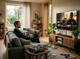 Homme assis sur un canapé dans un salon encombré, regardant un film d'action sur une interface de streaming rouge et noire.