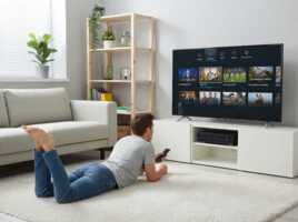 Un homme allongé sur un tapis devant une télévision affichant une interface de décodeur TV dans un salon.