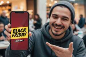 Homme à bonnet montre fièrement son smartphone, ravi de son forfait 10 Go à moins de 5€ chez Cdiscount Mobile
