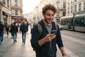 Jeune adulte consultant son smartphone dans une rue française, exprimant de la satisfaction face à son forfait mobile.
