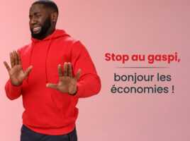 Homme en pull rouge, attitude de refus, "stop au gaspi, bonjour les économies", car forfait de YouPrice de 50Go à 7.99€ suffit
