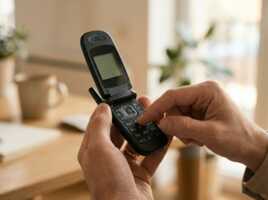 Mains tenant un téléphone à clapet noir, illustrant l'impossibilité de recevoir des appels ou des SMS.