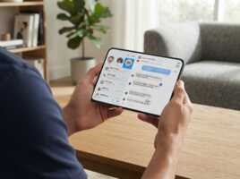 Homme tenant un iPhone Duo pliable ouvert affichant une interface de messagerie dans un environnement intérieur.