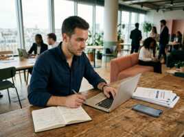 Un homme travaille sur un ordinateur portable à un bureau en bois avec un carnet de notes.