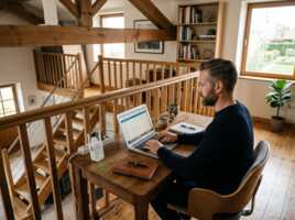 Un homme travaille sur un ordinateur portable à un bureau en bois sur une mezzanine avec un répéteur Wi-Fi.