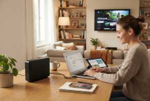 Ordinateur, tablette et smartphone sur un bureau avec une box fibre dans un salon familial.