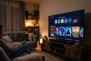 Interface de l'application Netflix affichée sur un écran de télévision.