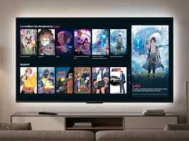 Interface de télévision connectée affichant une sélection de miniatures d'animés via ADN.