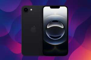 iPhone 16e sur fond multicolore, car en promo à moins de 500€ chez Rakuten