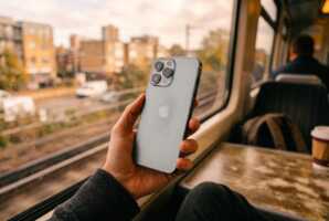 Une main tient un iPhone dans un train avec une vue sur la ville par la fenêtre.