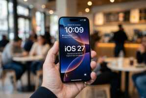 iPhone affichant le texte iOS 27 sur son écran.