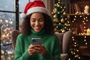 Jeune Femme avec smartphone et ambiance Noël, ravie de son forfait RED by SFR de 120 Go en 5G à moins de 8€/mois