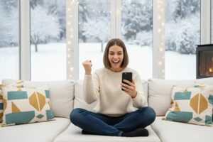 Femme sur canapé avec smartphone, surprise et ravie par les forfaits hallucinants et pas chers de Lebara