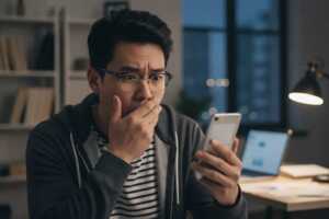 Homme main devant la bouche devant son smartphone, déçu car plus de forfait 5G à moins de 10€ chez les grands opérateurs mobile