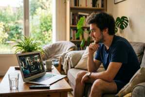 Un jeune homme regarde un film sur son ordinateur en été.