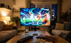 Salon en soirée, télécommande et porte-monnaie ouvert au premier plan devant une télévision diffusant une ambiance sportive abstraite