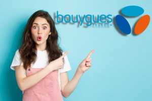 Femme bouche ronde de surprise montre logo de Bouygues Telecom, car nouveau forfait de 110 Go en 5G à moins de 8€/mois