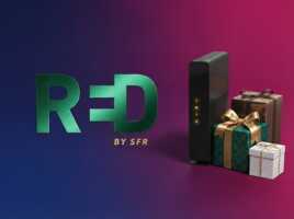 Logo RED by SFR en vert avec une box internet et des cadeaux sur fond dégradé.