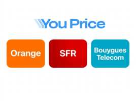 Logo YouPrice avec les noms des opérateurs Orange, SFR et Bouygues Telecom dans des rectangles colorés, car il est le roi des forfaits pas chers sur ces 3 réseaux