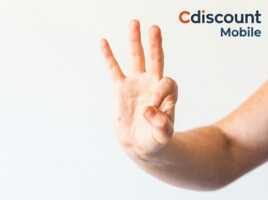 3 doigts levés sur une main sous logo Cdiscount Mobile, pour les 3 avantages principaux de son forfait 5G de 150Go à moins de 10€