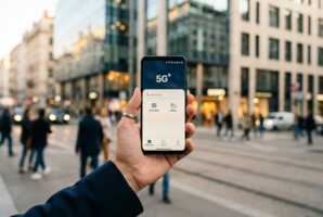 Main tenant un smartphone affichant le pictogramme 5G+ dans un environnement urbain.