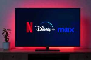 TV avec logos de Netflix, Disney+ et Max, pour savoir quelle plateforme a reçu le plus de Emmy Awards