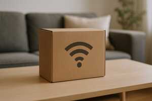 Carton avec logo Wi-Fi sur la table du salon, car nouveaux modems en Wi-Fi 7 pour meilleures connexions avec Pure Fibre de B&YOU, La Boite de Sosh, et la Freebox Pop S