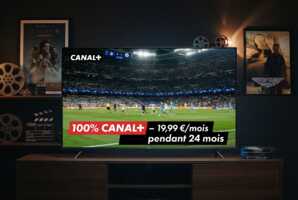 Écran de télévision affichant un match de football et le logo Canal+ avec une offre promotionnelle de 19,99 euros.