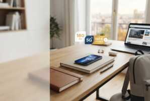 Smartphone affichant la 5G sur un bureau avec ordinateur, carnet et accessoires, symbolisant une offre mobile.