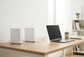 Deux box internet reliées par une fibre optique lumineuse avec des appareils connectés en arrière-plan sur fond clair.