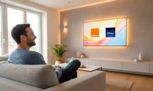 Homme streame sur télé du salon, avec logos d'Orange et Disney+, car 3 mois offerts