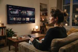 Personne assise sur un canapé tenant une télécommande devant une interface de streaming sur un téléviseur.
