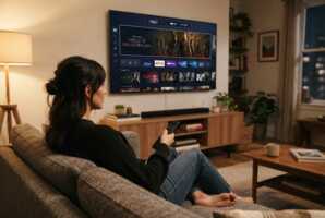 Personne assise sur un canapé regardant une interface de plateforme de streaming sur un téléviseur dans un salon.