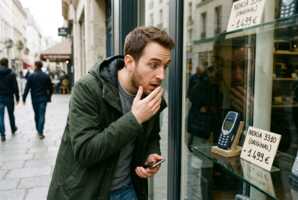 Une personne regarde un vieux téléphone à clapet affiché à un prix élevé dans une vitrine avec un air surpris.