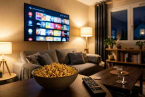 Salon en soirée, télévision affichant une grille floutée de vignettes colorées abstraites, bol de pop-corn et télécommande au premier plan