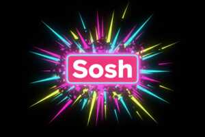 Logo Sosh dans étoile multicolore sur fond noir, car la filiale d'Orange maintient le prix de son forfait 100 Go à moins de 10€ pendant les soldes d'hiver