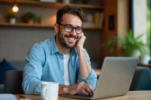 Homme devant PC portable sourit, absolument ravi de sa connexion record à 8 Gb/s en Wi-Fi 7 avec Pure Fibre de B&YOU, mais à moins de 24€/mois !