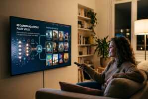 Interface de plateforme de streaming affichant des suggestions de contenus générées par intelligence artificielle.