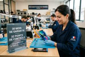 Technicien inspectant un iPhone sur un établi avec une plaque indiquant la garantie et les contrôles techniques.